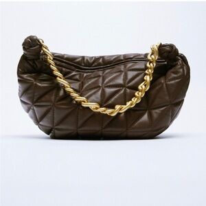 ZARA BEAUTIFUL SOFT CHOCOLATE BROWN QUILTED LEATHER DETAIL BAG WITH GOLD CHAIN.